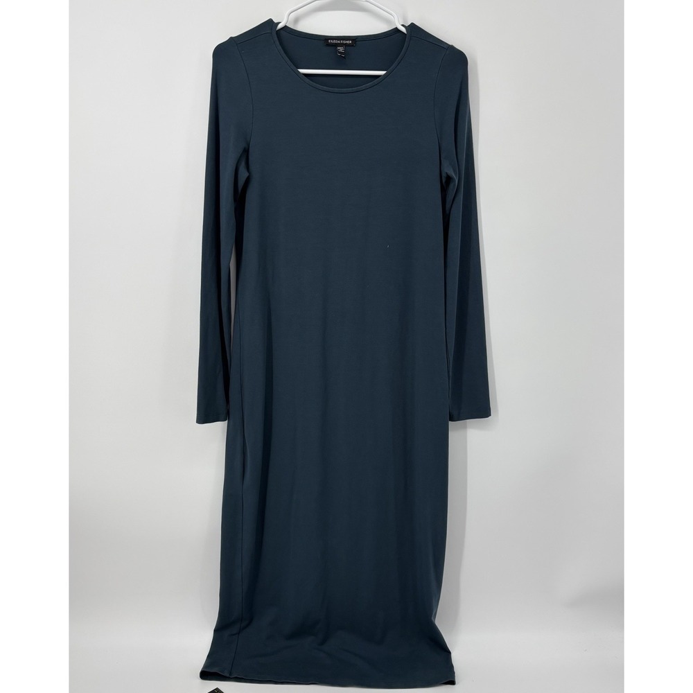 Eileen Fisher‎ Stretch Jersey Knit Jewel Neck Dress Alpine Blue Size XXS $198